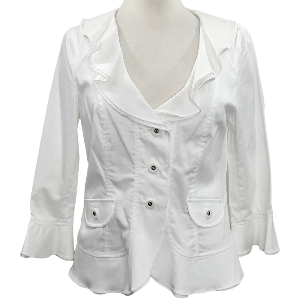 Peck & Peck White Ruffle Lapel Button Front Blazer Jacket Size 10